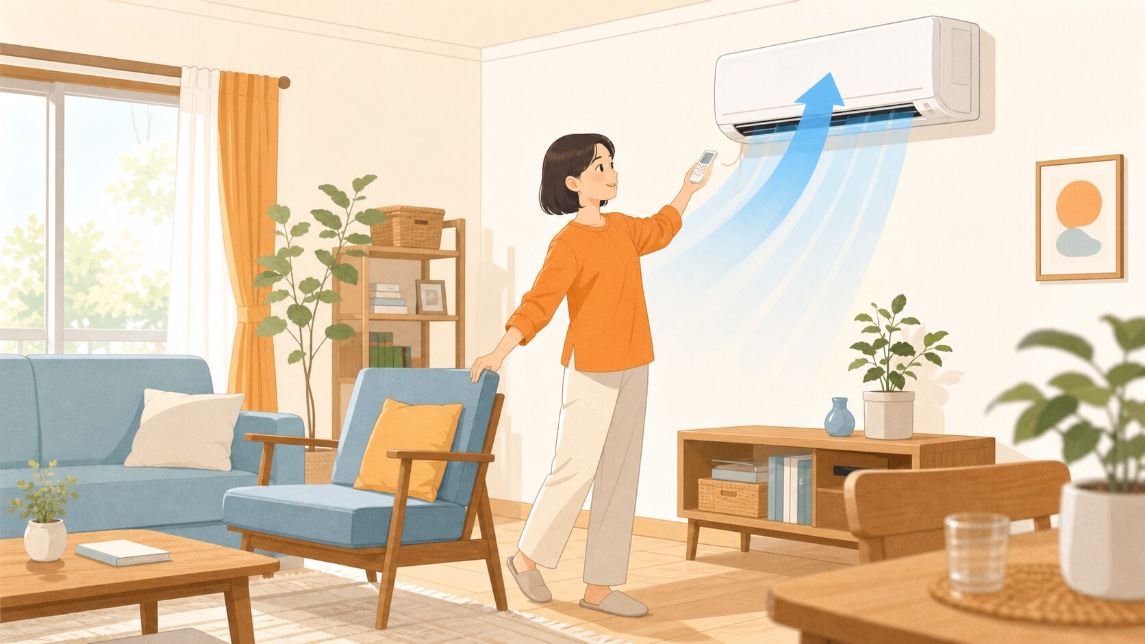冷房の風向きと席の位置を調整する人のイラスト