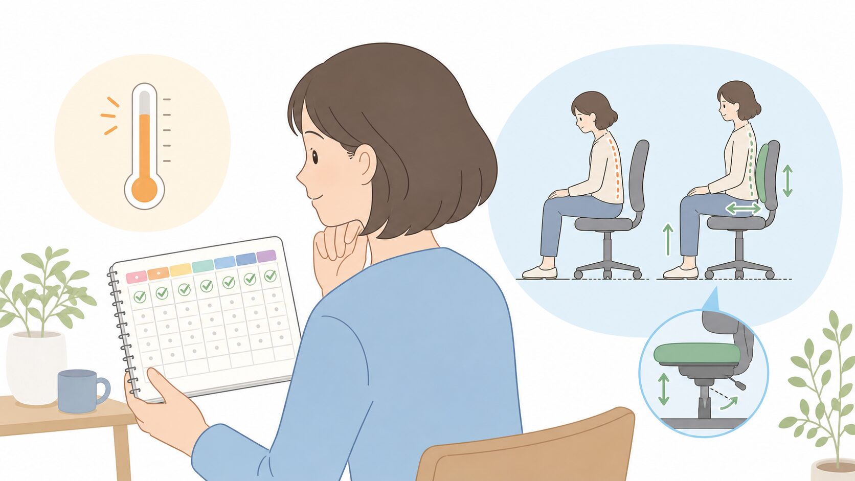 冷房 体が冷えるの記録と見直しを示す図
