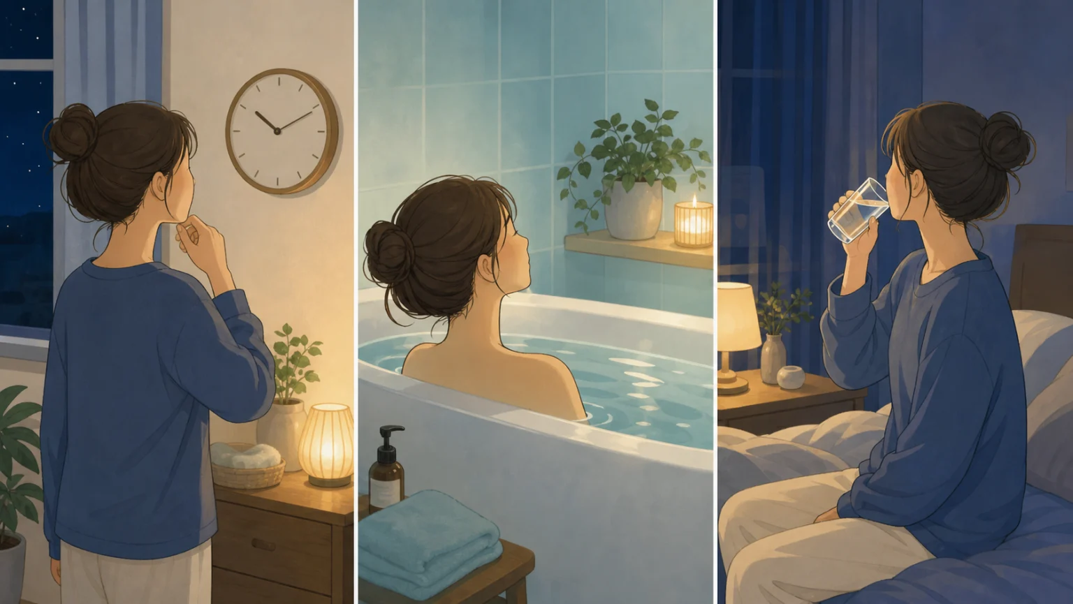 寝る時刻から逆算して入浴と水分補給と就寝準備を進めるイラスト