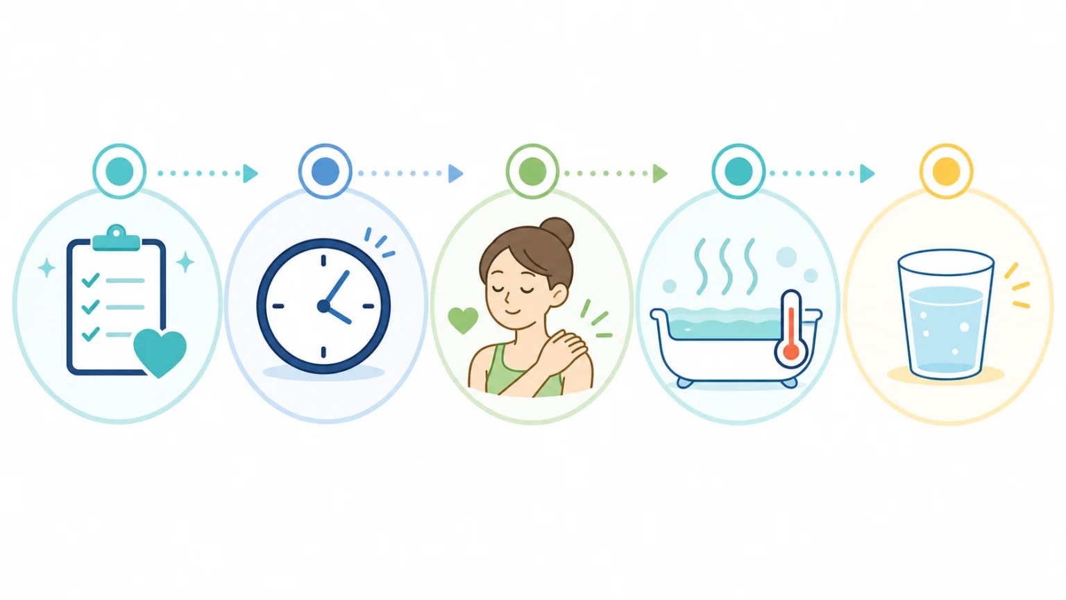 夏の入浴前に目的と時刻と体調と湯温と水分を確認する図