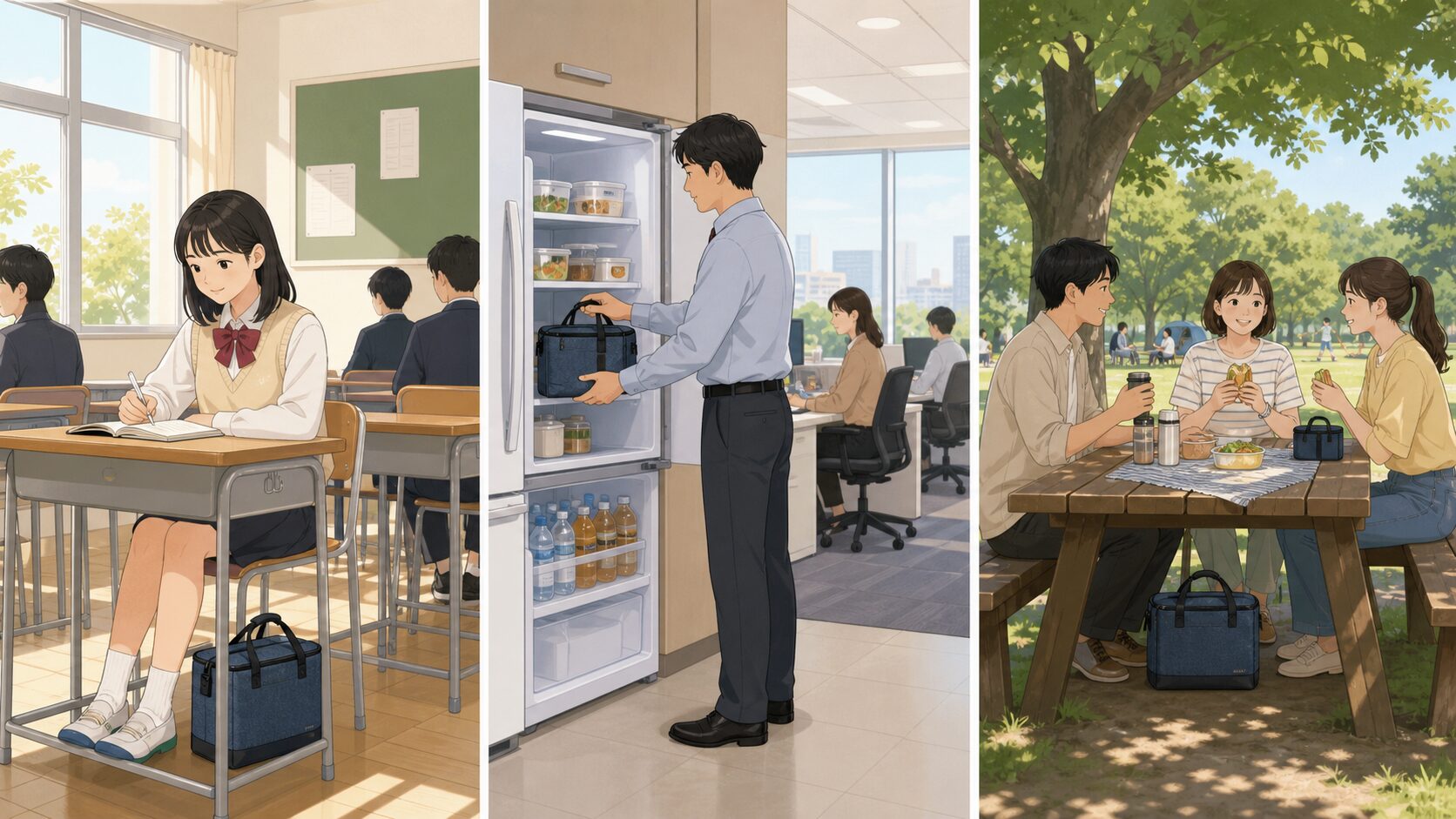 学校と職場と公園で保冷バッグ入りの弁当を涼しい場所へ置くイラスト