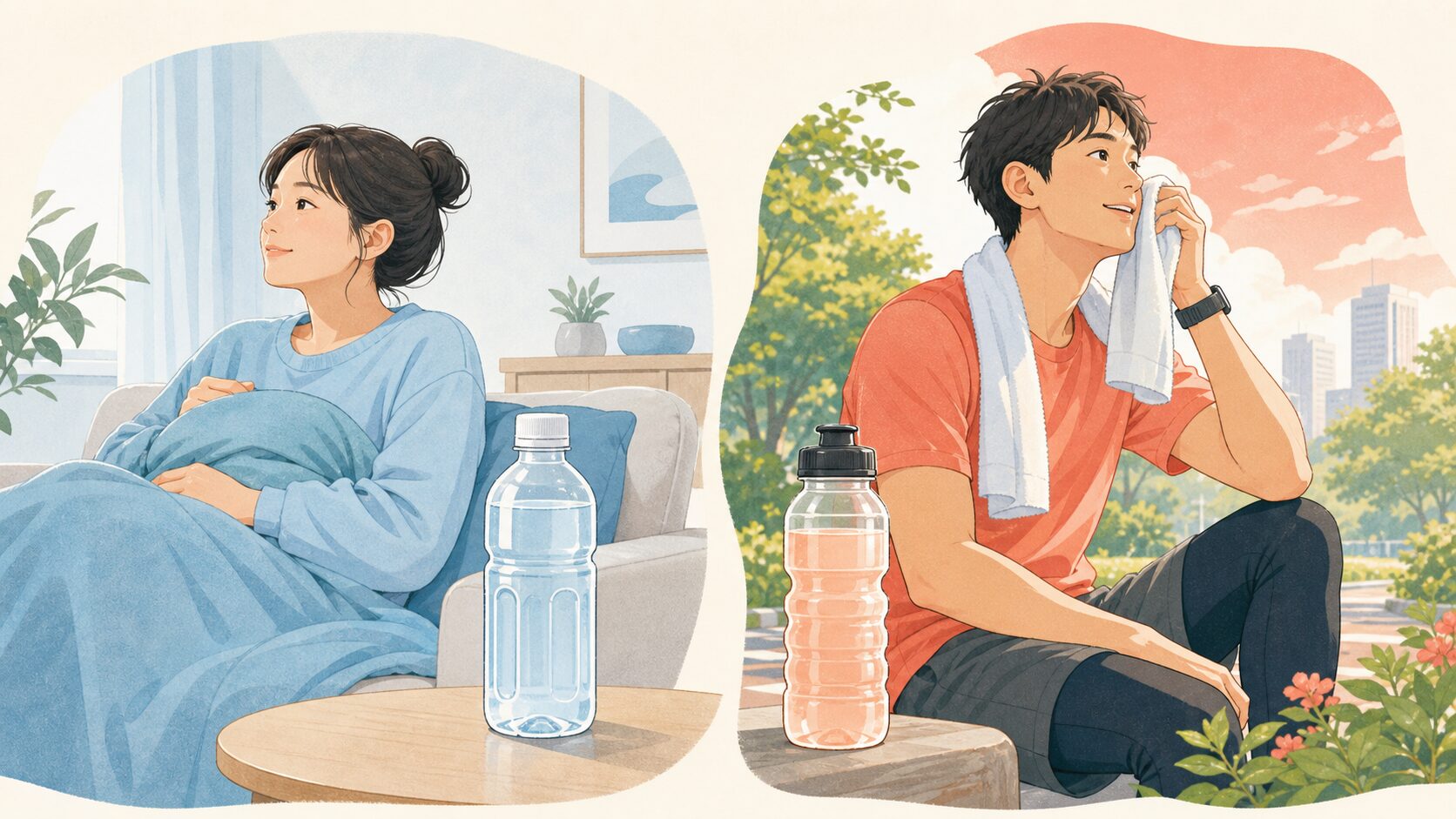 経口補水液とスポーツドリンクを目的別に見比べるイラスト