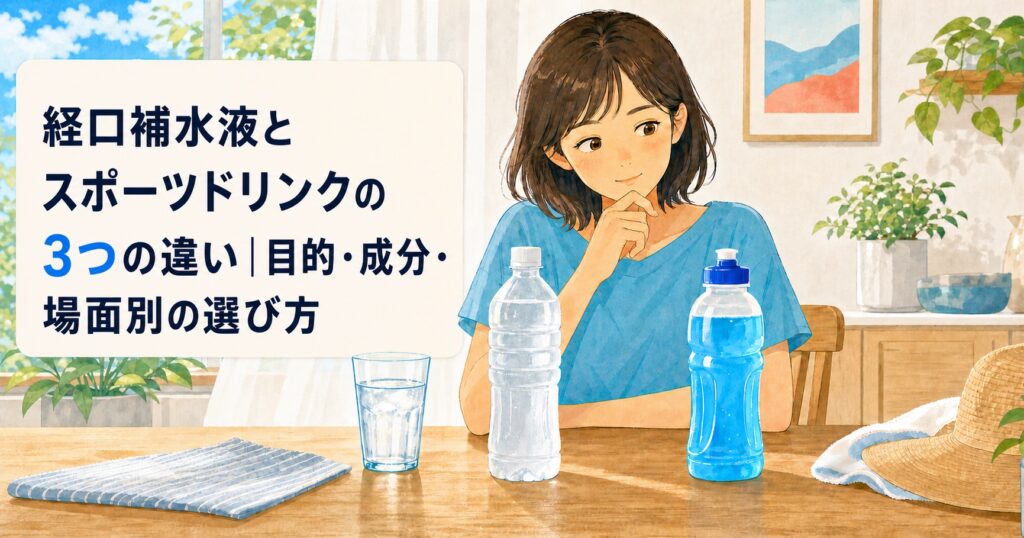 『経口補水液とスポーツドリンクの3つの違い｜目的・成分・場面別の選び方』と表示された飲み物比較のアイキャッチ
