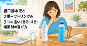 『経口補水液とスポーツドリンクの3つの違い｜目的・成分・場面別の選び方』と表示された飲み物比較のアイキャッチ