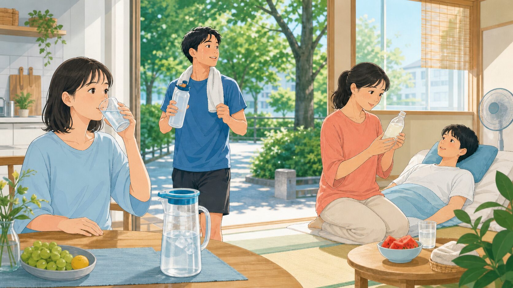 普段、運動時、脱水が疑われるときの飲み物選びを考える家族のイラスト