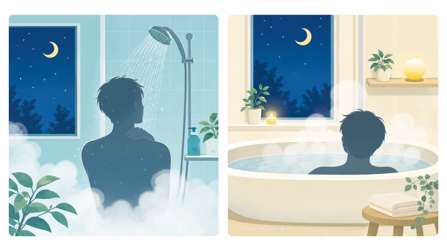 夏の夜にシャワーと湯船を体調に合わせて選ぶイラスト