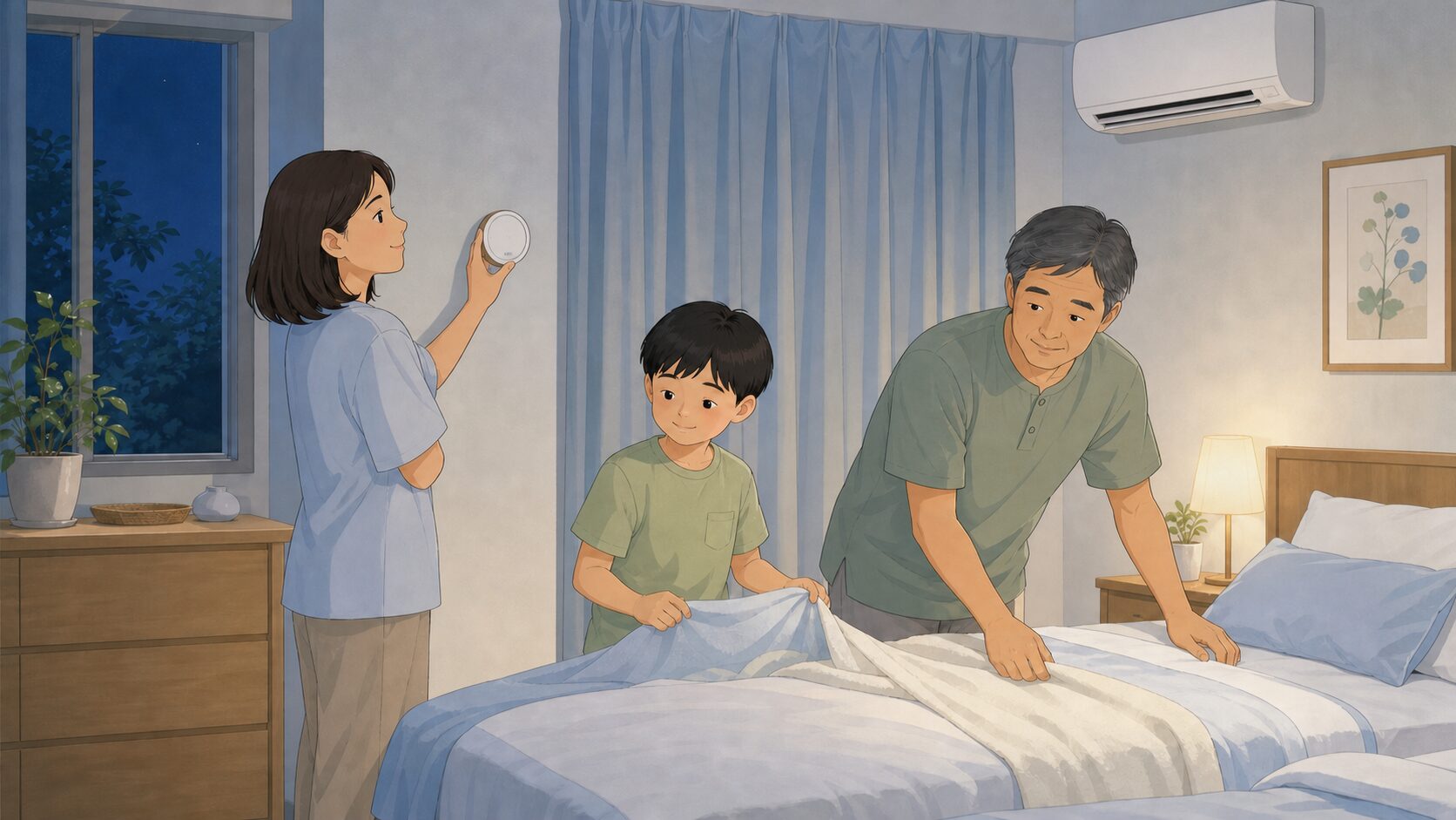 家族で寝室の温度と寝具を確認するイラスト