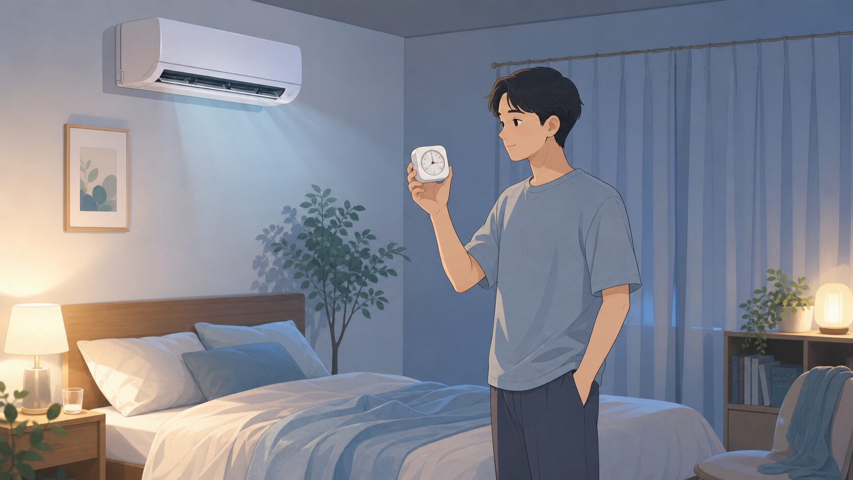 寝室で温湿度計を確認する人のイラスト