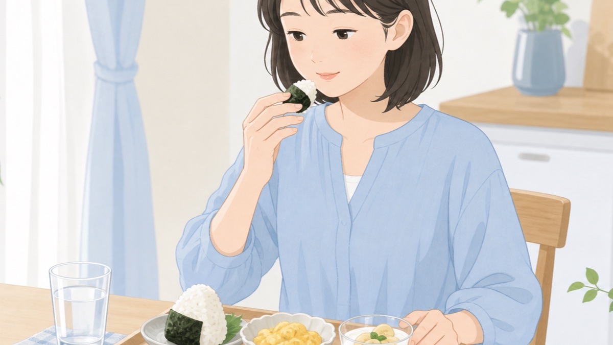 夏の朝に小さなおにぎりと卵や果物を少量ずつ食べる人のイラスト