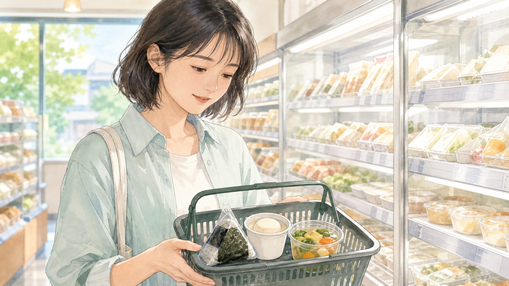 コンビニでおにぎり、豆腐、野菜のおかずをかごに入れて組み合わせを確認する人のイラスト