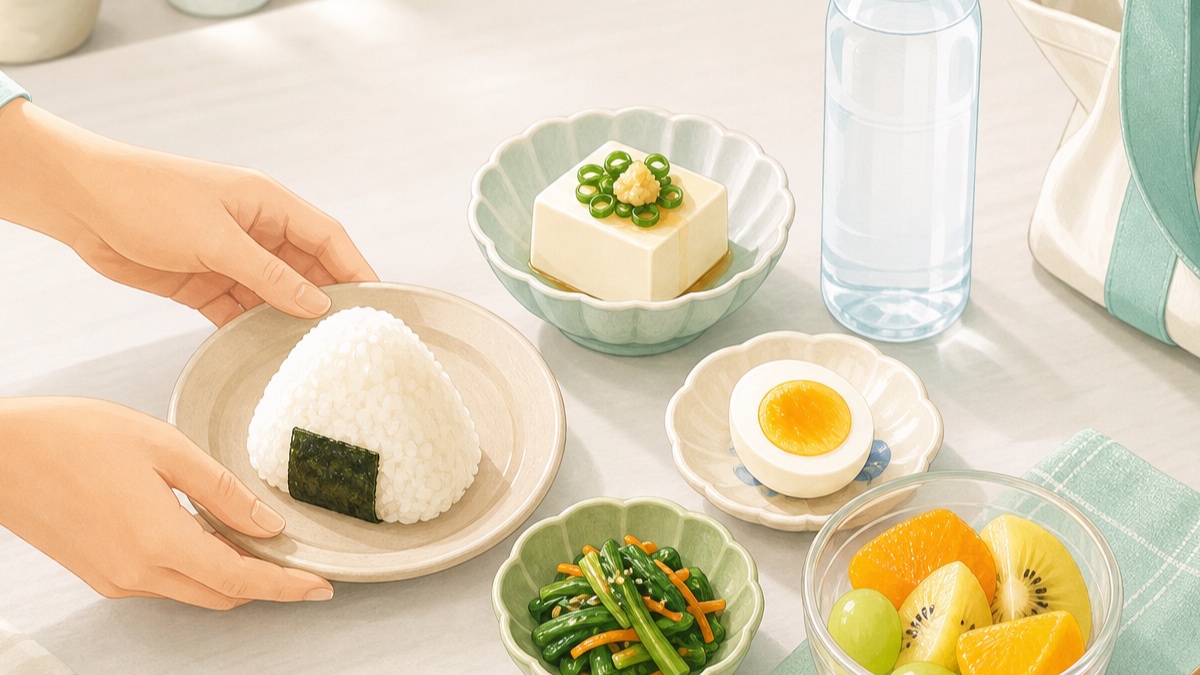 おにぎり、豆腐、卵、野菜、果物、水を組み合わせた簡単な食事のイラスト