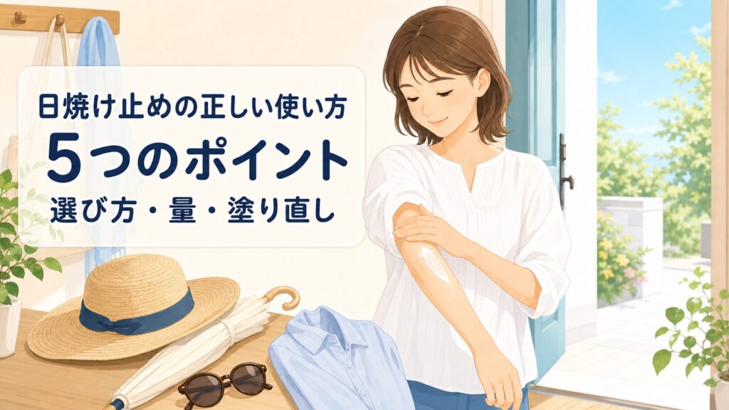 日焼け止めの正しい使い方5つのポイントと選び方・量・塗り直しを示すアイキャッチ