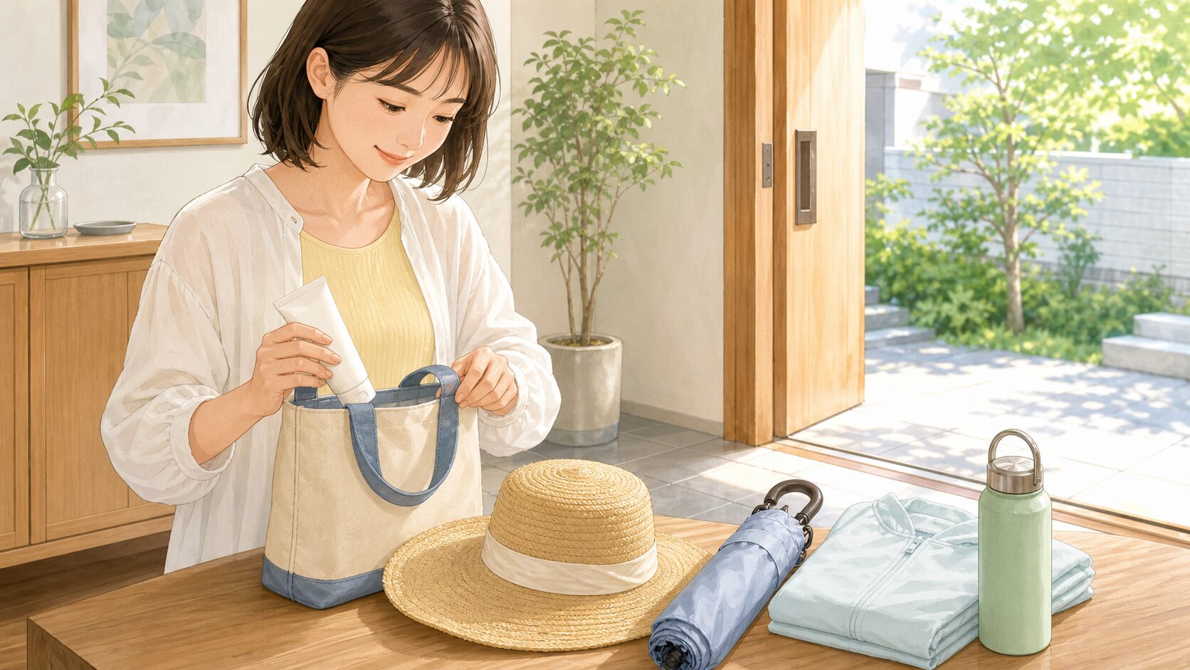 玄関で日焼け止め、帽子、日傘、長袖、飲み物をそろえる人のイラスト