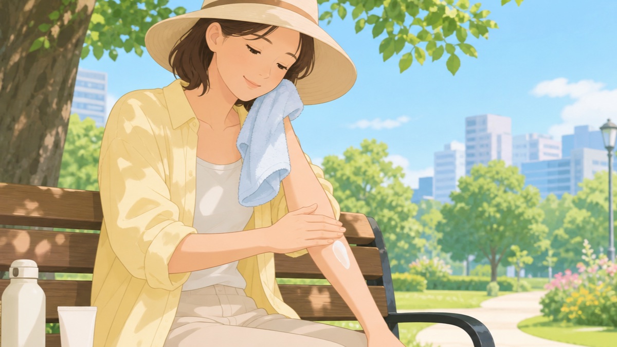 夏の公園の日陰で汗を拭き、腕へ日焼け止めを塗り直す人のイラスト