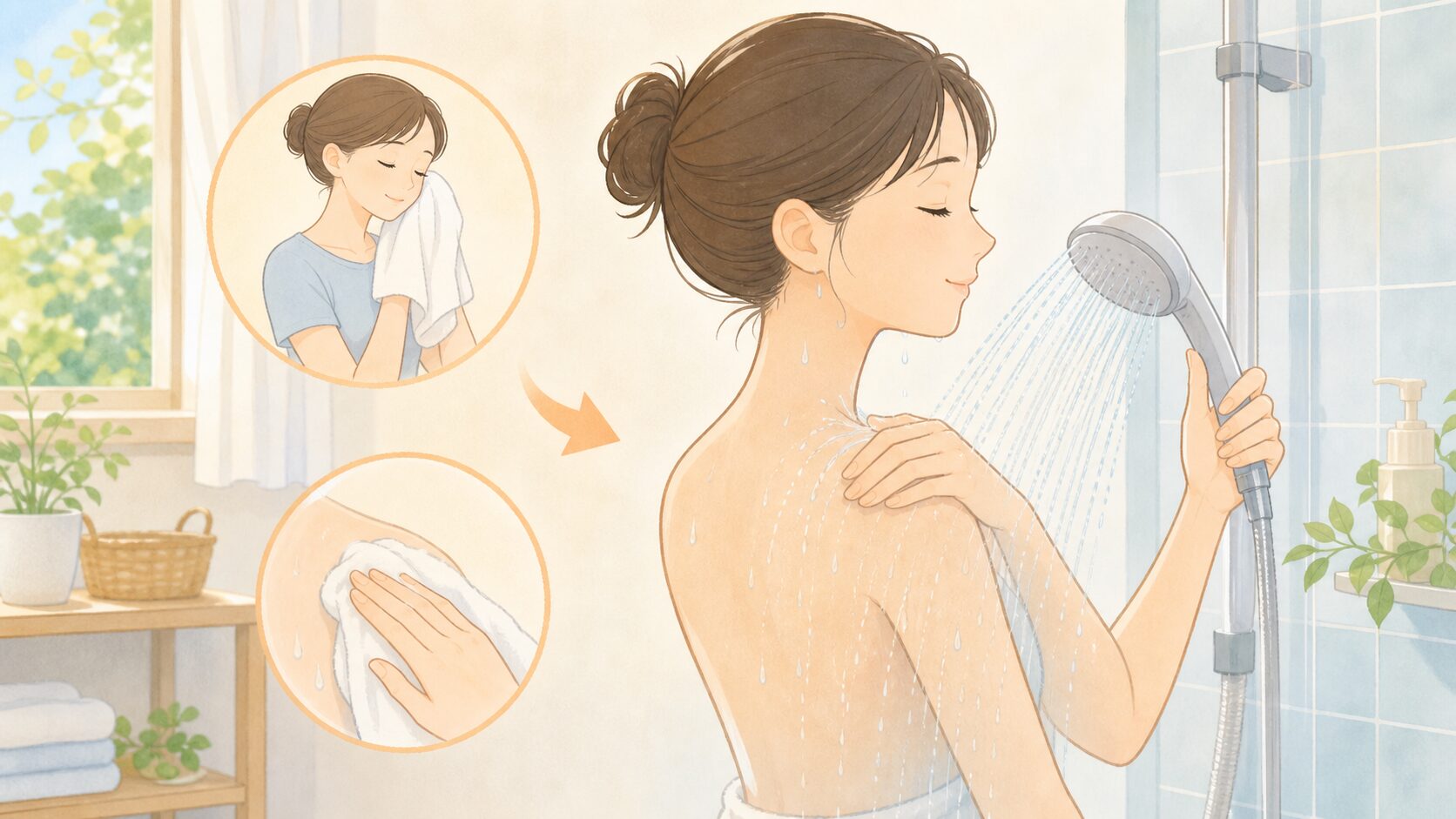 汗をぬるいシャワーでやさしく流す人のイラスト