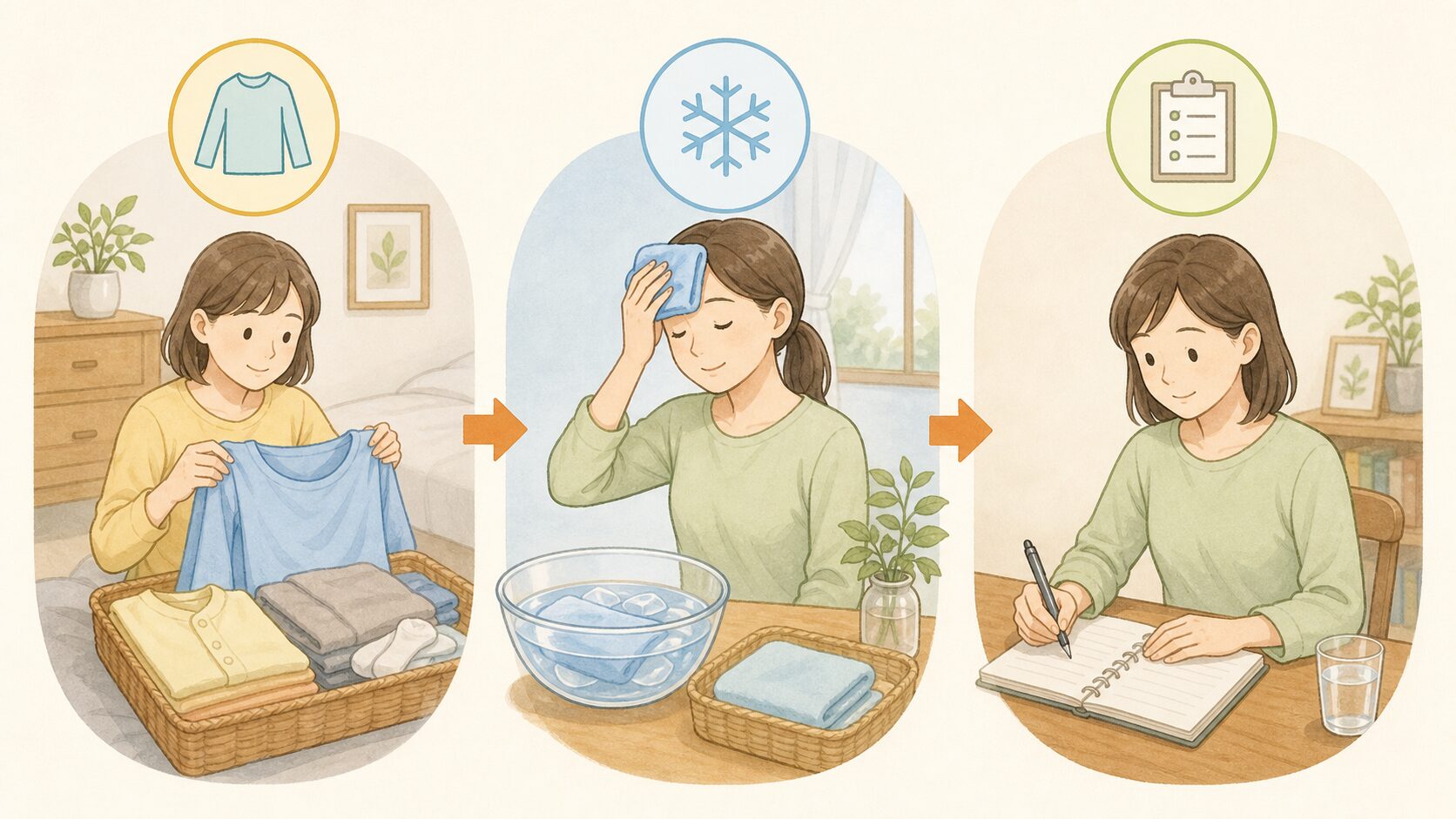 着替えと冷たいタオルと症状メモを用意する図