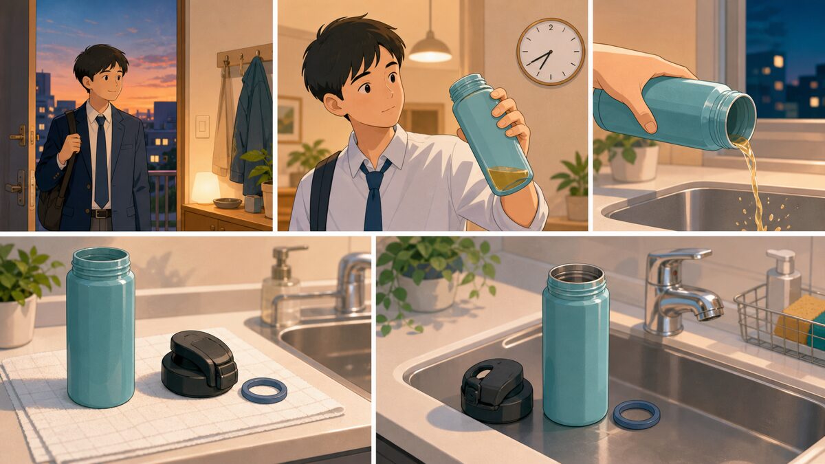 学校や職場から帰宅して水筒を分けて洗う人のイラスト