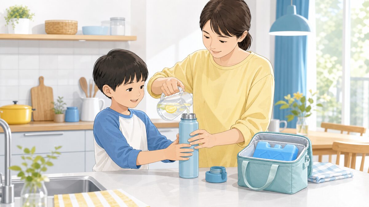 朝に清潔な水筒へ冷たい飲み物を入れる家族のイラスト