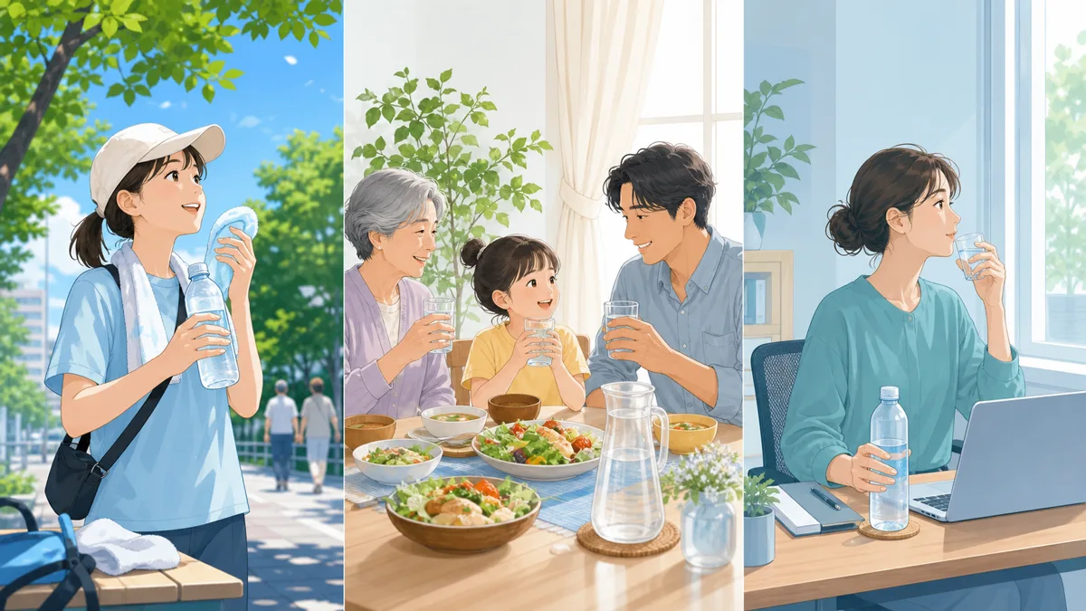 夏の生活場面で飲み物の温度を変える例 屋外では冷たい水を持ち、食事中や冷房の室内では飲みやすい温度を選ぶ家族