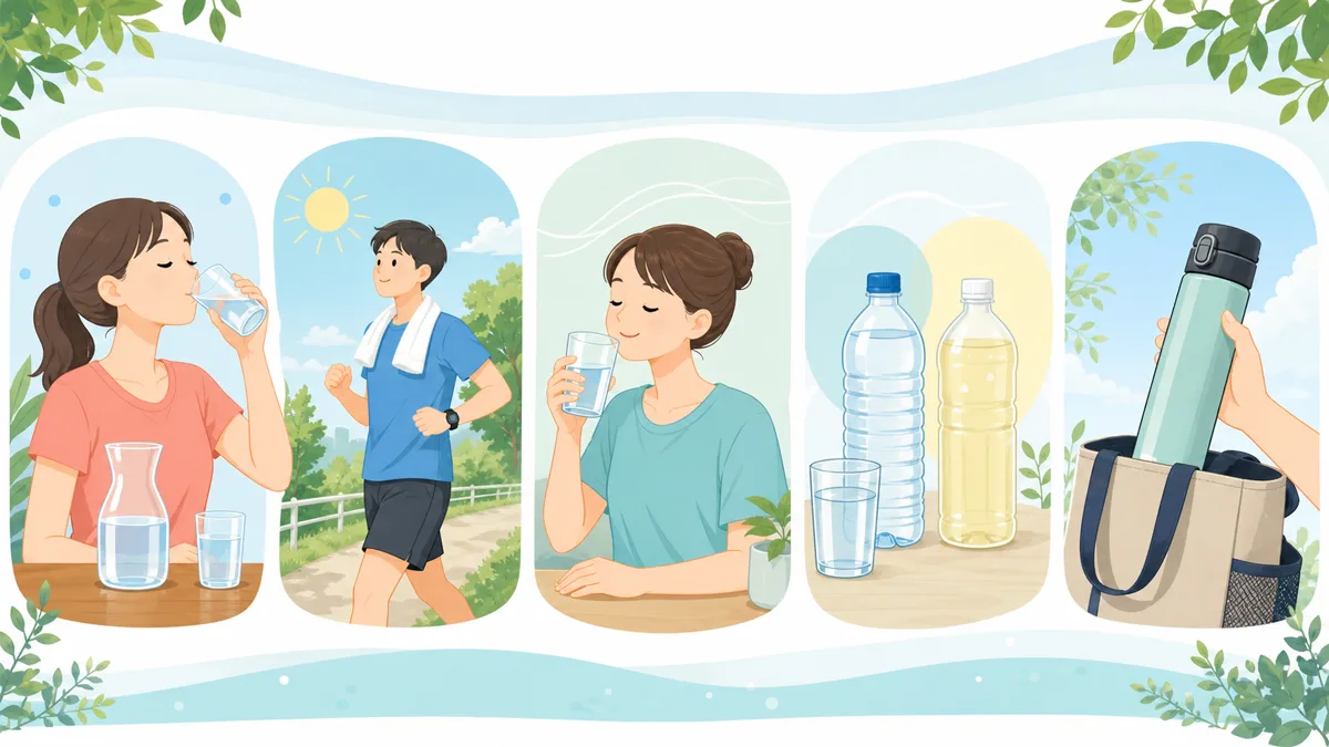 冷たい水と常温水を選ぶ5つの確認ポイント 飲む量、暑さと運動、飲みやすさ、飲み物の中身、持ち歩きを比べる夏の場面