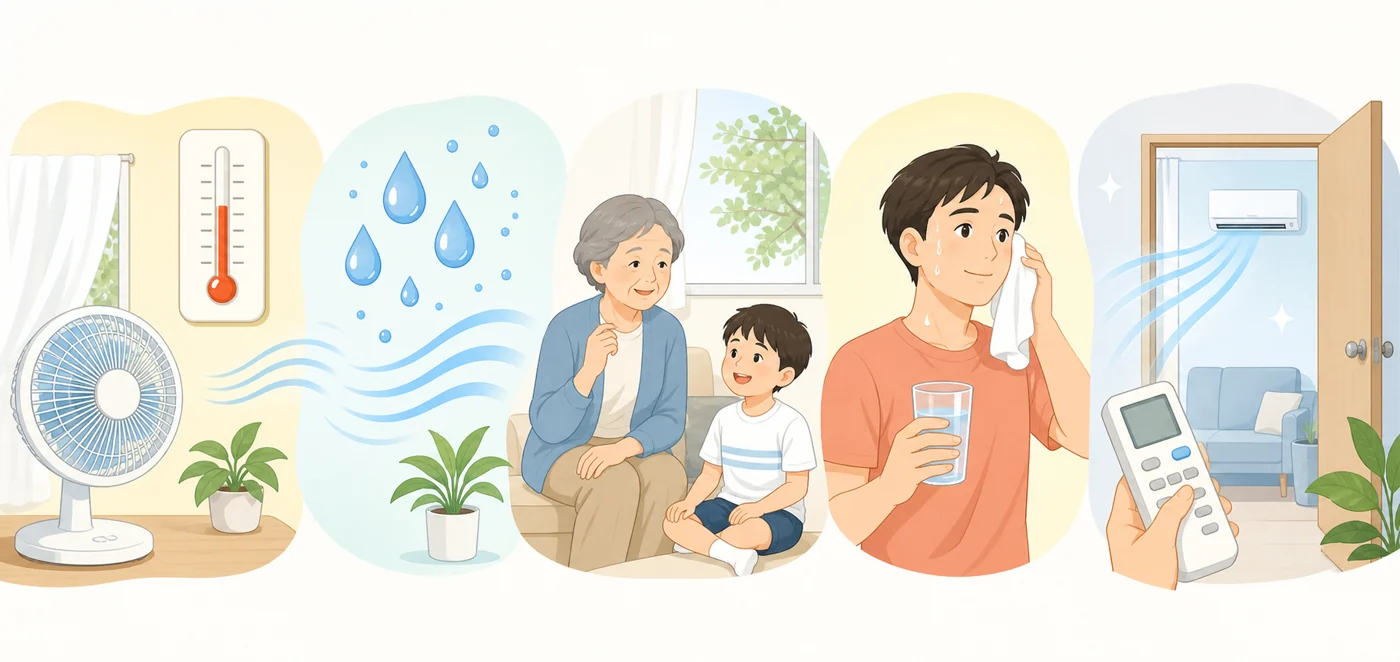 扇風機だけで過ごす前に見る5つの確認ポイント 室温、湿度、高齢者や子ども、発汗と水分、冷房への切り替えを表す5つの場面