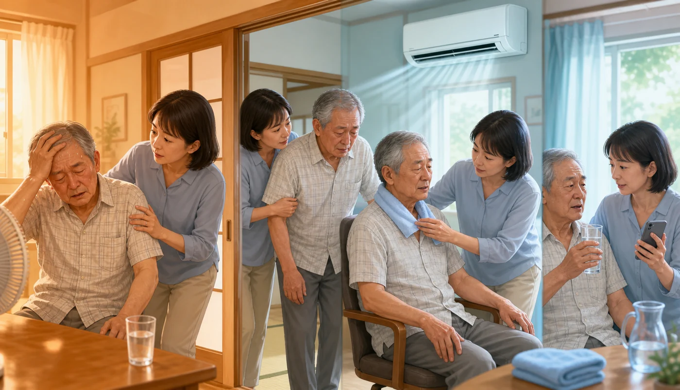 室内で熱中症が疑われるときの移動と体の冷やし方 暑い部屋から冷房の効いた部屋へ高齢者を移し、衣服をゆるめて首を冷やす家族