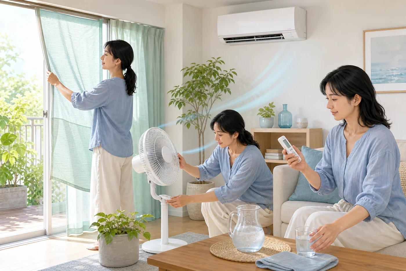 扇風機と冷房や日よけを組み合わせた部屋の整え方 カーテンを閉め、扇風機の向きを調整し、冷房と水分を組み合わせる夏の室内