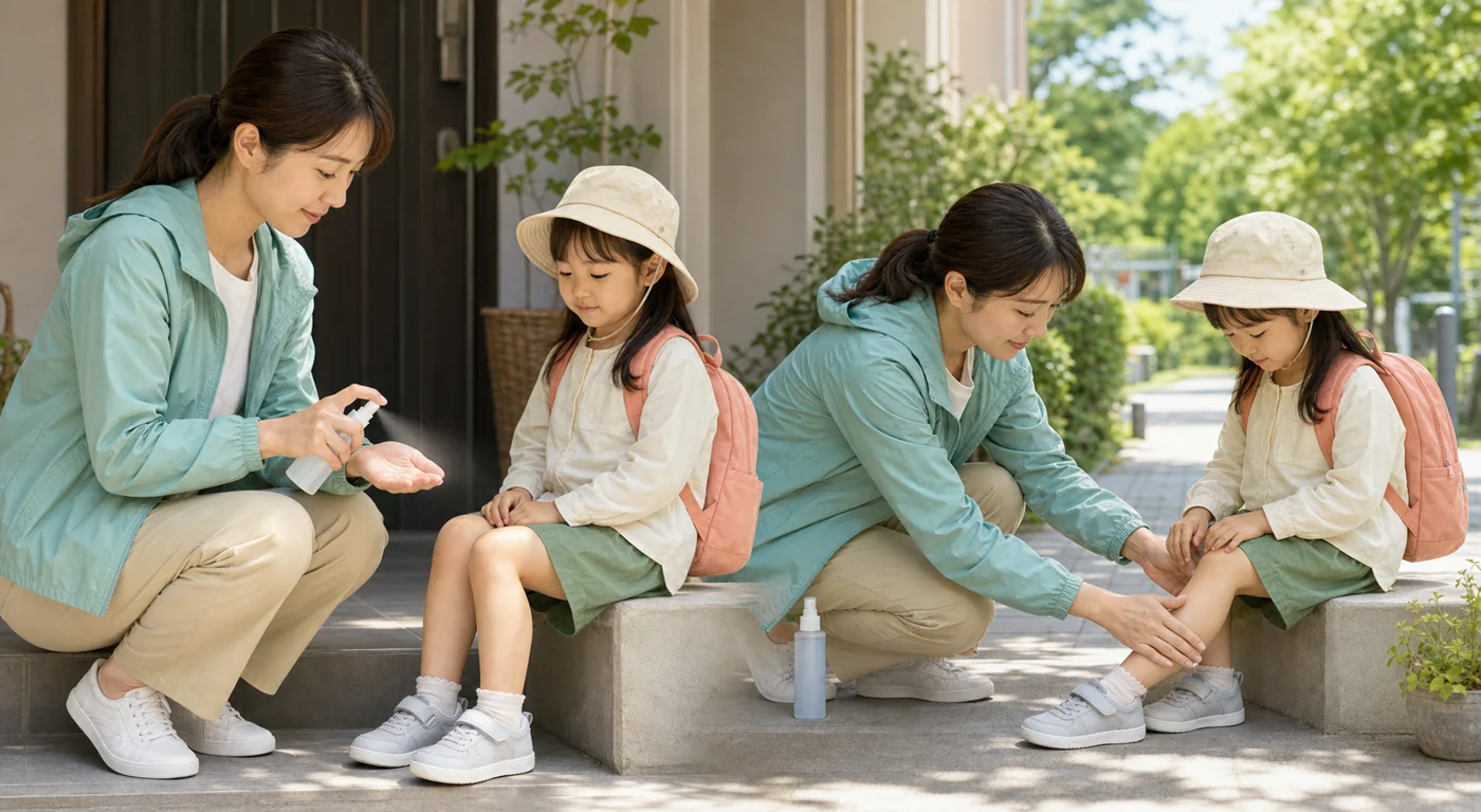 保護者が虫よけを自分の手に出し、子どもの足へむらなく塗り広げる場面