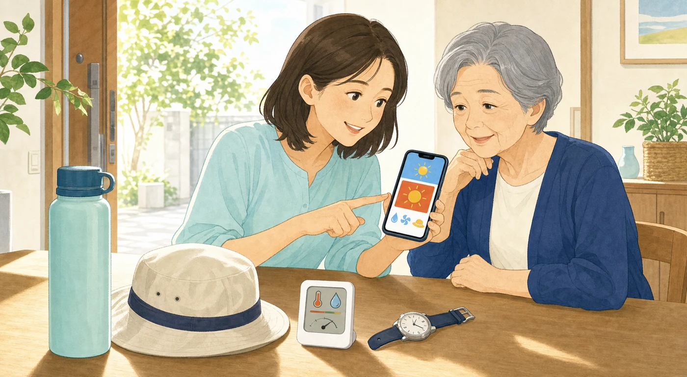 残暑の外出前に家族で暑さ情報と帽子と飲み物を確認するイラスト