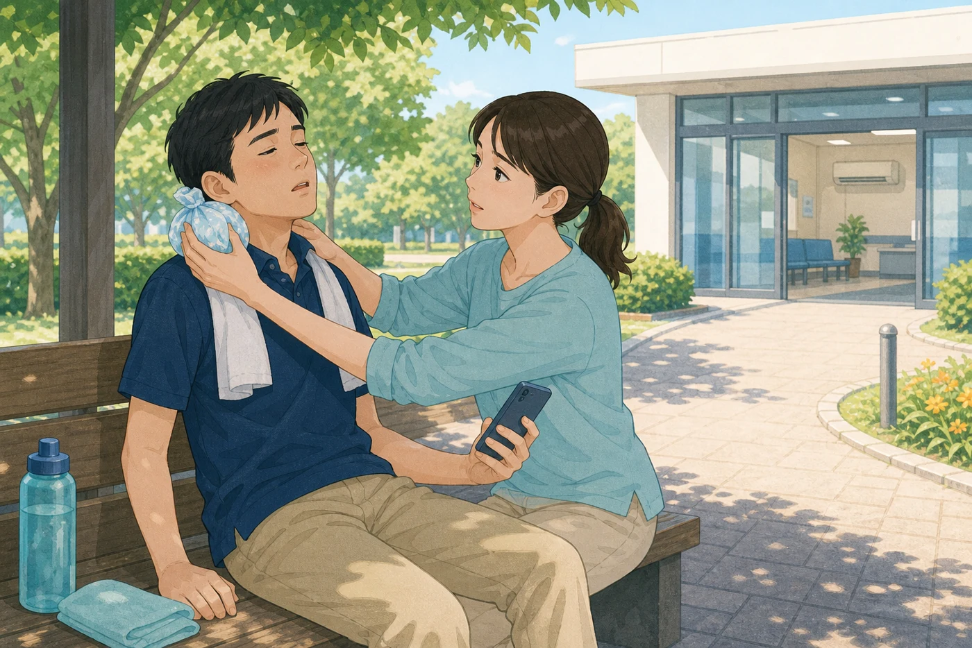 暑さで体調が悪い人を日陰へ移して首を冷やすイラスト