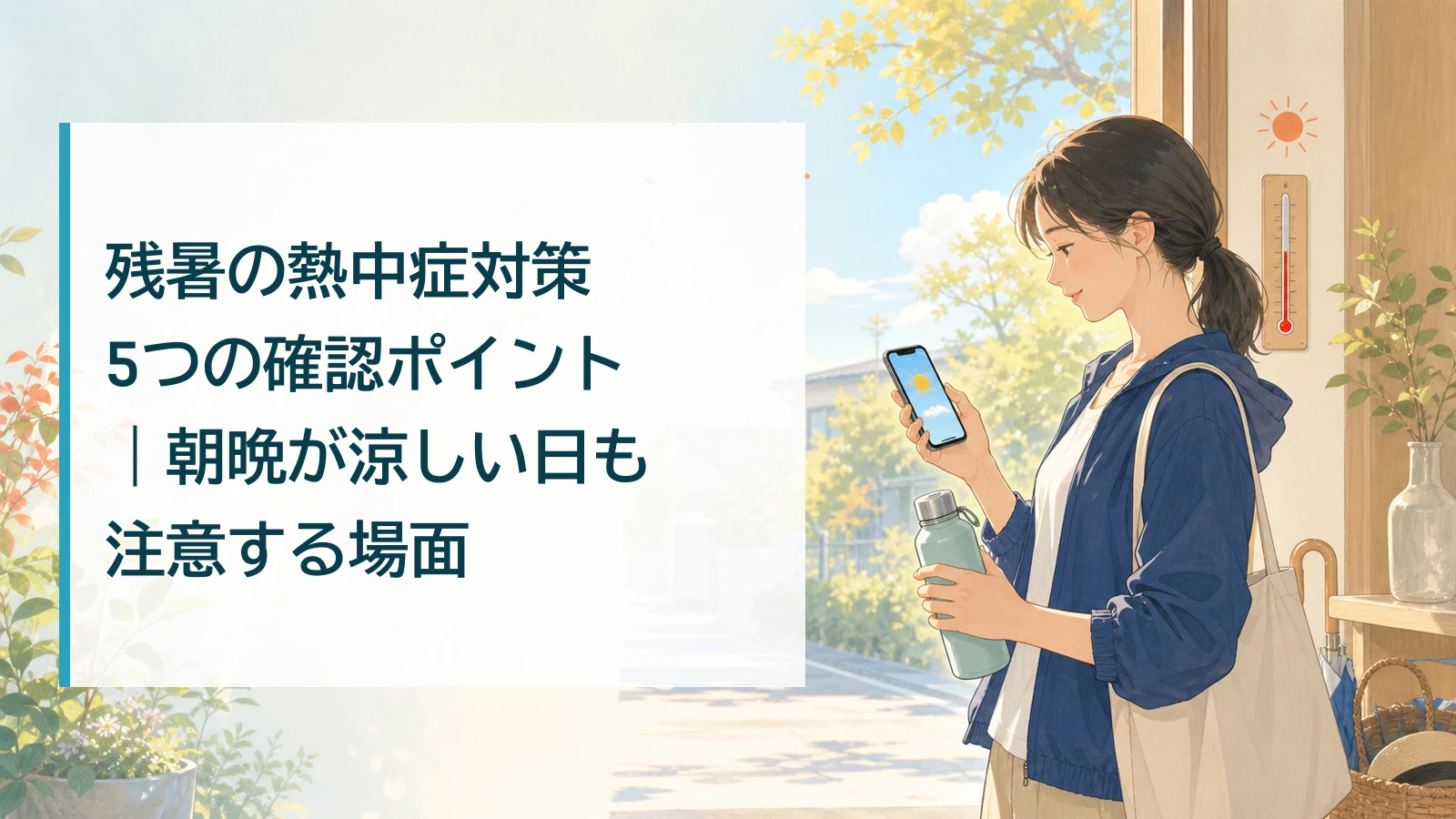 残暑の外出前に暑さ情報と水分を確認する人のアイキャッチ