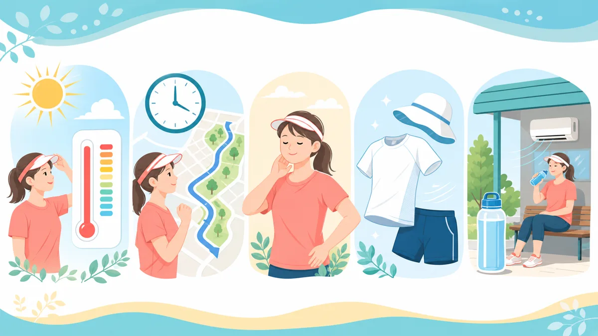暑い日に運動する前の5つの確認ポイント 暑さ指数、時間帯、体調、服装、水分と休憩場所を確認する夏の運動前の場面