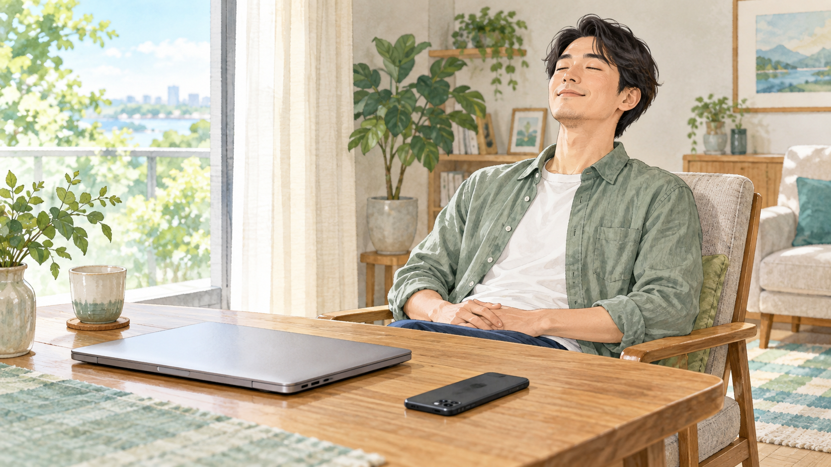 スマホを伏せて置き、明るい室内で目を閉じて休む人