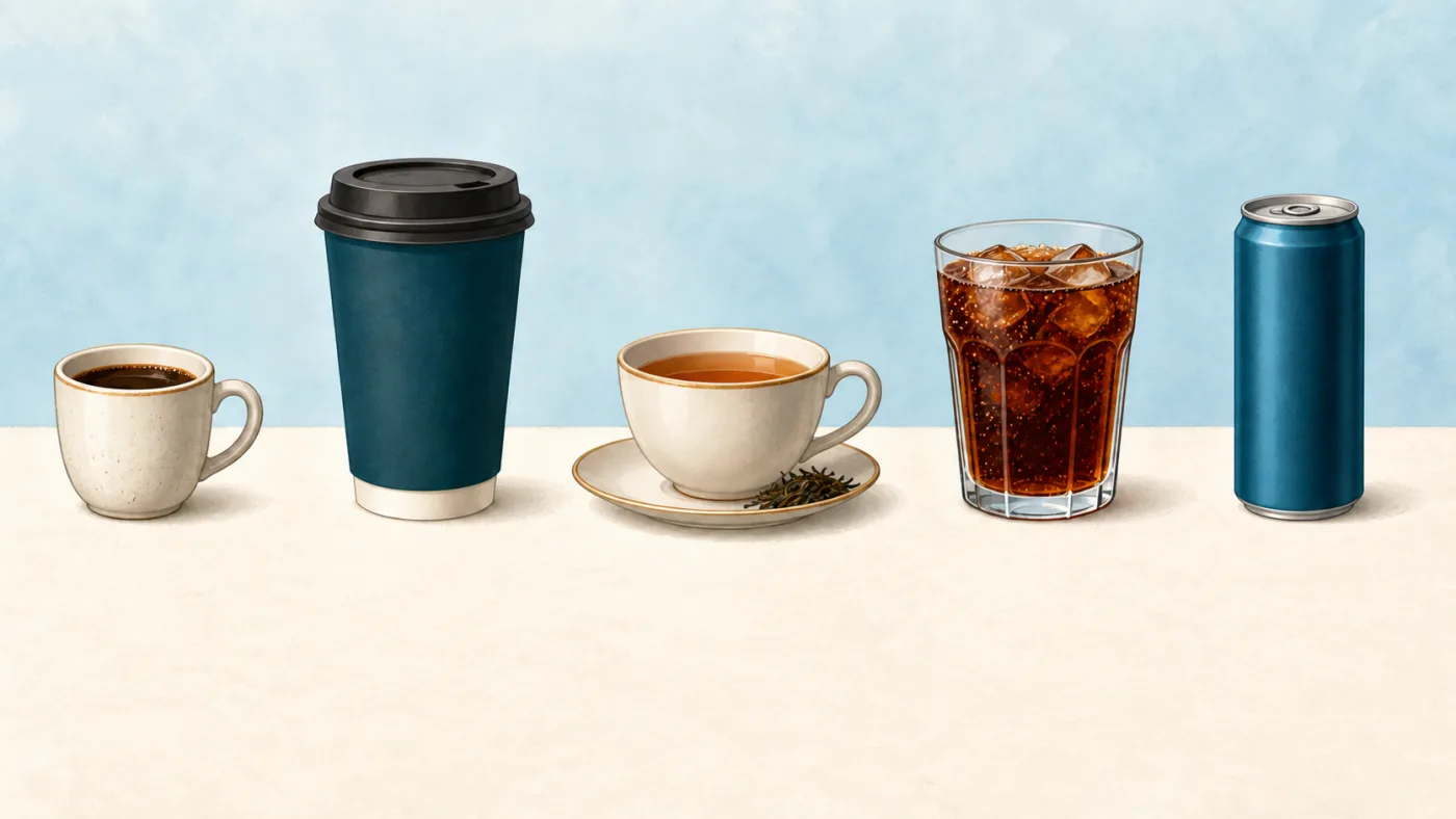 小さなコーヒー、大きなカップ、紅茶、コーラ、缶飲料を並べたイラスト