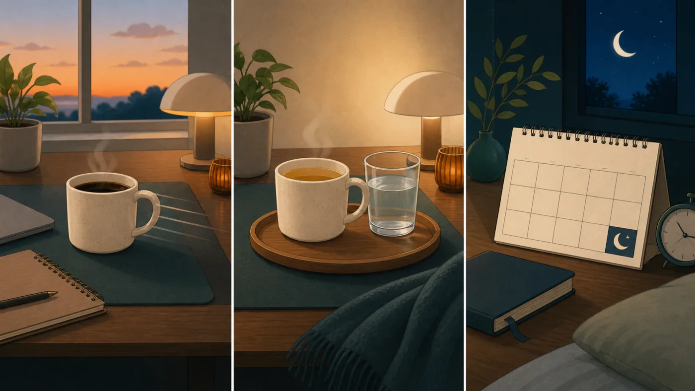 夕方のコーヒーを別の飲み物へ替え、就寝予定を確認するイラスト