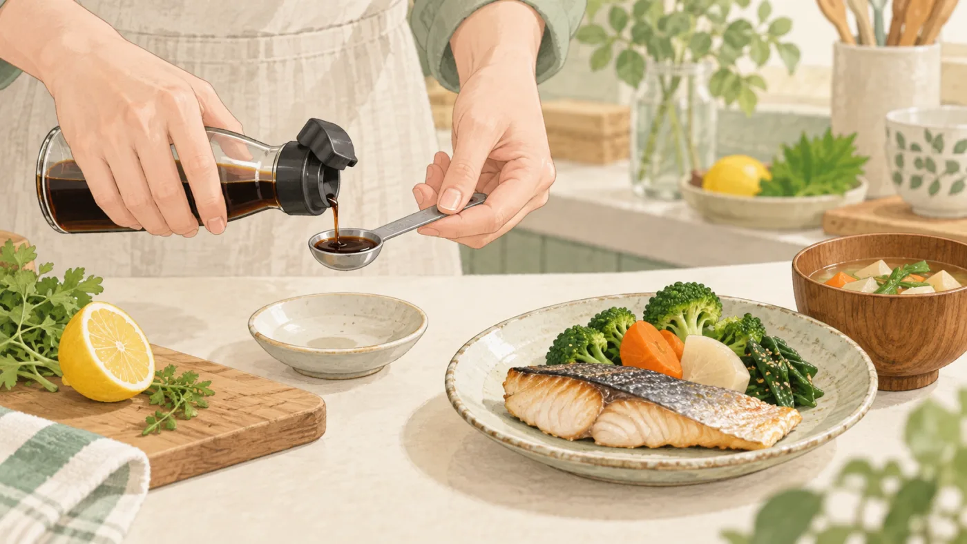しょうゆを計量スプーンに注ぐ手元と、小皿やレモンを添えた食卓のイラスト