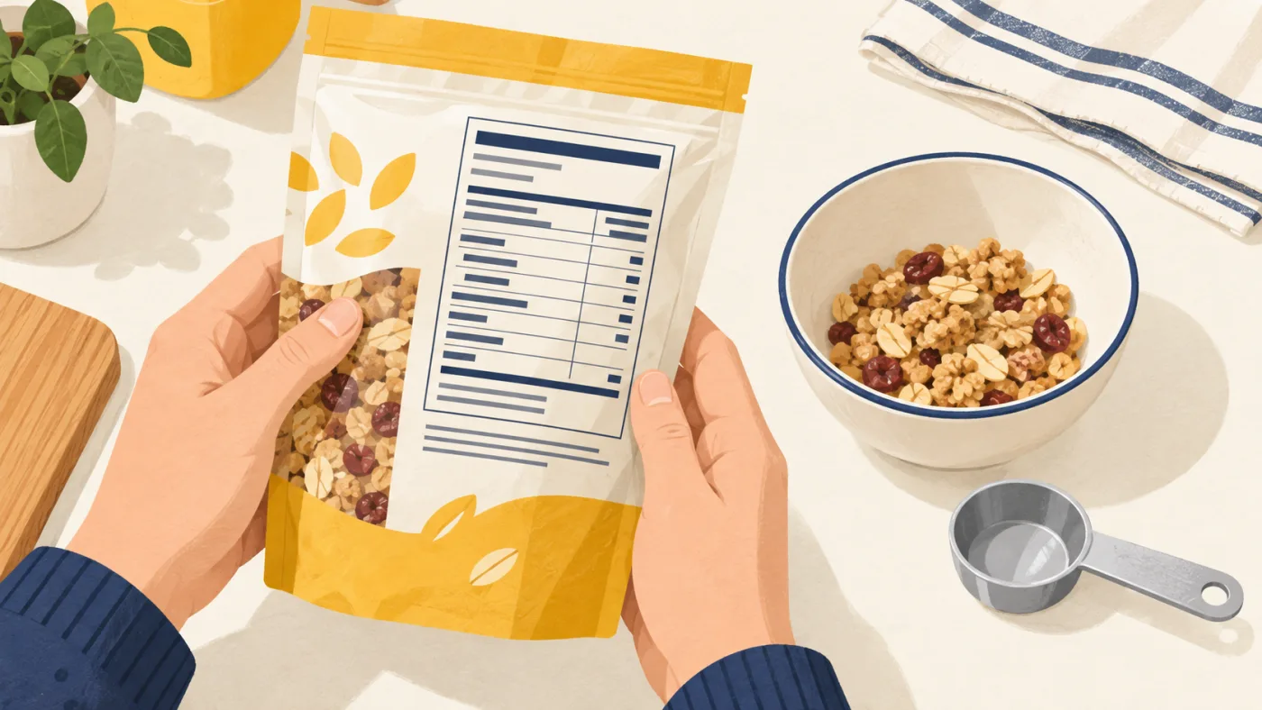食品袋を手に持って栄養表示を確認し、隣の器に盛った量と見比べるイラスト