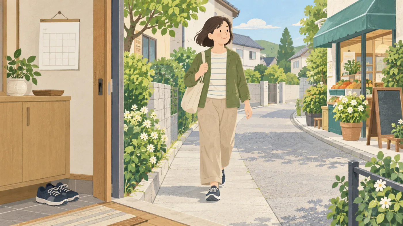 買い物袋を肩にかけた女性が店のある街を歩くイラスト