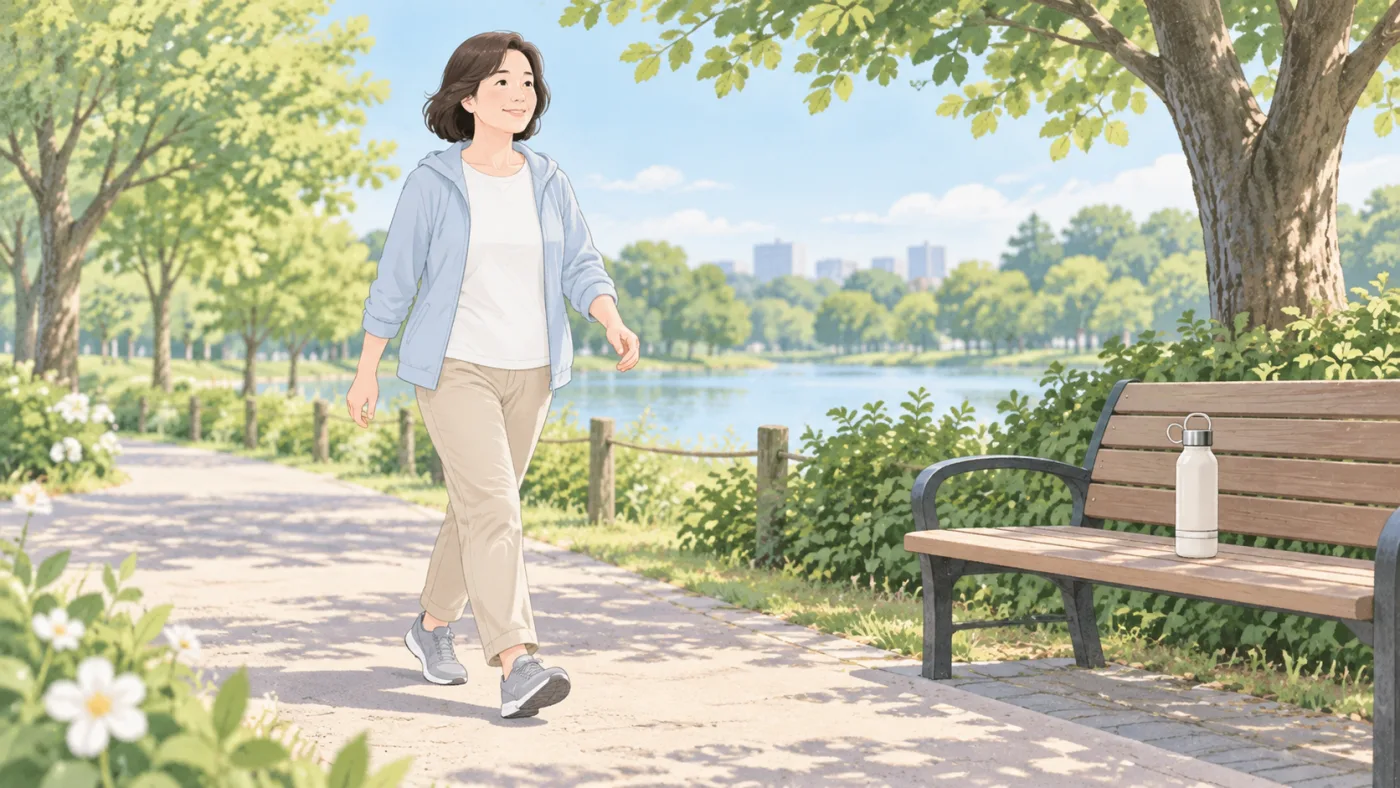 ベンチのそばにある公園の平らな歩道を歩く人のイラスト